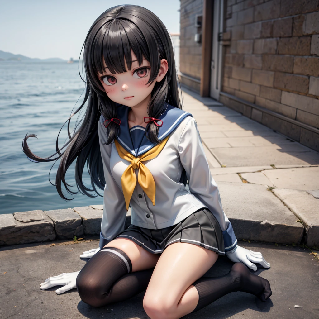 (masterpiece),  town,  blue sky,  One Girl, Place the person on the right,  smile,  alone,  Sailor suit、Long skirt,  Overgrown,  petal,  plant、Skirt lining、Translucent slip、nostalgic、Black Pantyhose、I can see the ocean in the distance, Crotch close-up