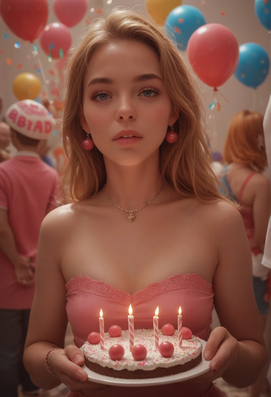 saturated early 00's old vhs cam recorder footage, sharp focus, compressed quality, candid photo, made of glass eating a pink frilly cross shaped birthday cake, dark room, pink lighting around face by birthday cake candles,
