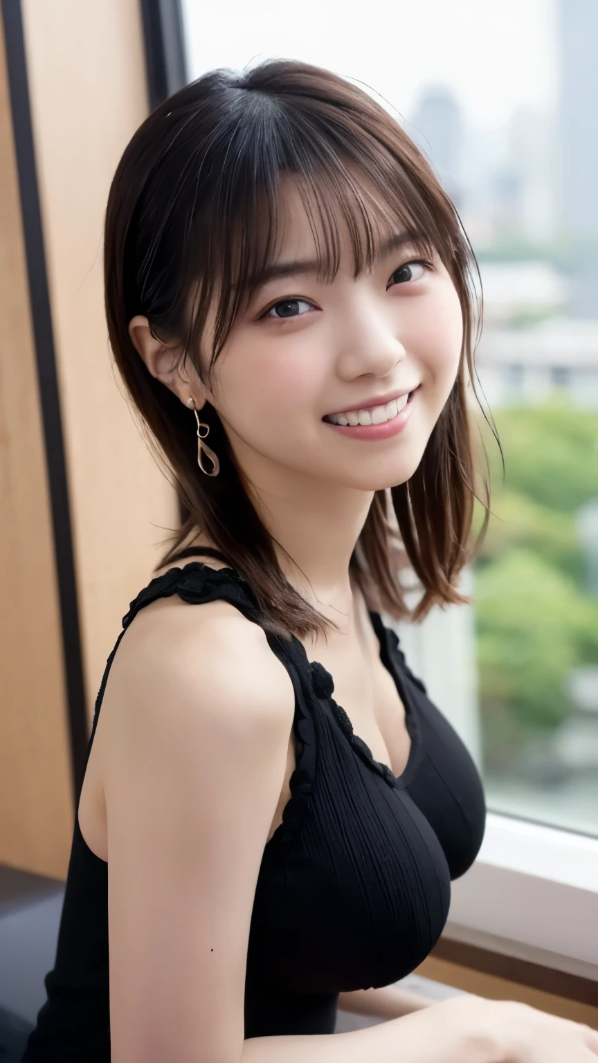  1 Japanese beauty , depth off field, first-person view, f/1.8, 135mm, Nikon, ultra high definition, retina, masterpiece, accurate, anatomically correct, textured skin,Very white skin、 clear skin 、 Super Detail, high detail, high quality, Best Quality, high definition, 1080P, high definition, 8k, (big boob:1.4), Japanese beauty 1 person, (Big round eyes:1.4).(she has heterochromia, and her eyes are different colors, which makes her incredibly captivating)、(Drunken Blush Makeup)、round face、She is smiling very happily、INSANELY BEST SMILE、is smiling with her mouth open、Her front teeth are neatly arranged、cute little vampire fangs、(Braided Top Knot,twisted side part ponytail、Braided Headband,half up、Braided Space Bang,voluminous fishtail braid,Twisty Bang)、(She is wearing a tight tank top of ribbed material with buttons on the front(black:1.5))、break、(She's wearing a see-through panties)、She is in an IT firm's office at sunset、break,She is sitting in a window seat、I can see a skyscraper city out the window