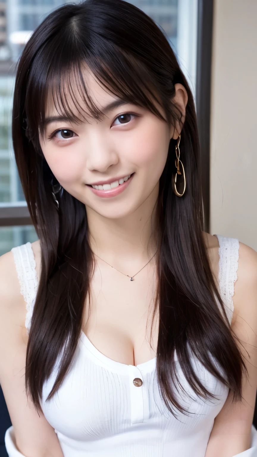 1 Japanese beauty , depth off field, first-person view, f/1.8, 135mm, Nikon, ultra high definition, retina, masterpiece, accurate, anatomically correct, textured skin,Very white skin、 clear skin 、 Super Detail, high detail, high quality, Best Quality, high definition, 1080P, high definition, 8k, (big boob:1.4), Japanese beauty 1 person, (Big round eyes:1.4).(she has heterochromia, and her eyes are different colors, which makes her incredibly captivating)、(Drunken Blush Makeup)、round face、She is smiling very happily、INSANELY BEST SMILE、is smiling with her mouth open、Her front teeth are neatly arranged、cute little vampire fangs、(Braided Top Knot,twisted side part ponytail、Braided Headband,half up、Braided Space Bang,voluminous fishtail braid,Twisty Bang)、(She is wearing a tight tank top of ribbed material with buttons on the front(black:1.5))、break、(She's wearing a see-through panties)、She is in an IT firm's office at sunset、break,She is sitting in a window seat、I can see a skyscraper city out the window