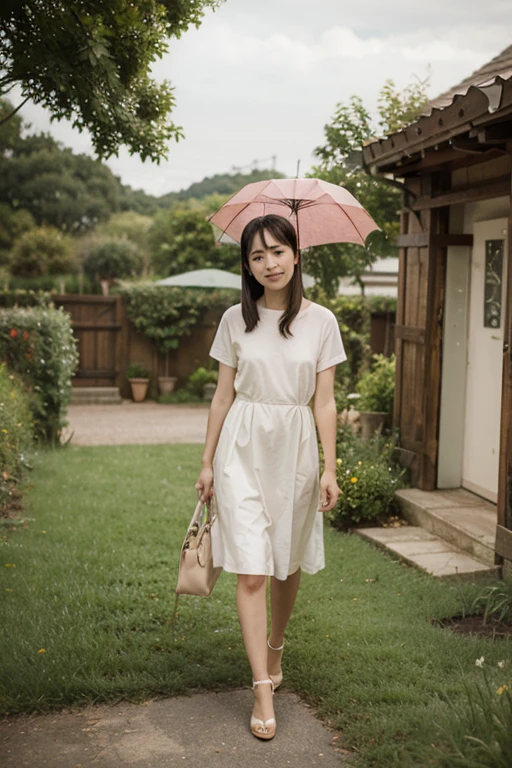 Be sure to look down on the view from directly above: a woman walking with an umbrella along one street. Beautiful flowers and hydrangea along the road. Glossy scenery.