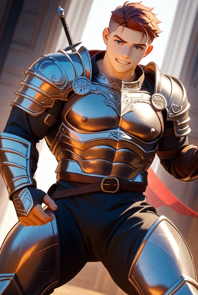((masterpiece), best quality, high quality, professional quality, highly detailed, highres, perfect lighting, natural lighting), (1boy, muscular, handsome, facial hair, short hair, brown hair), wearing armor, running, by a lake
