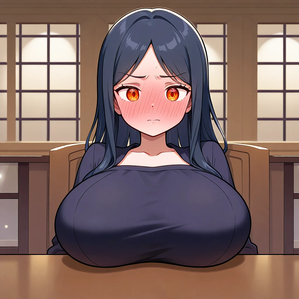 A beauty with long black hair，wearing a black sweater，Sit at a table in an upscale café（Sneer 1.5）（Open mouth 1.5）（The background is in an upscale café：1.5），Anime style 4K，Anime rendering，style of anime，8K fineness，（Upper body display：1.5）（Cinematic lighting：1.5）Middle-aged woman 1.5, (gigantic breasts: 1.6), (breasts leaking:1.5), shirt covers breasts