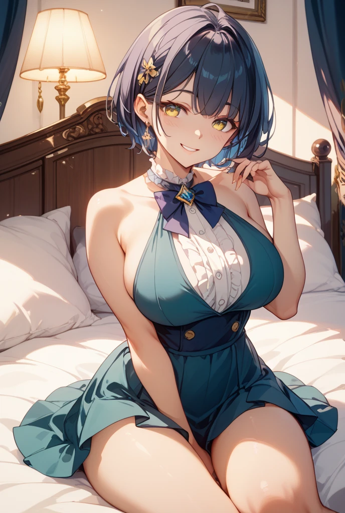 yuriko nanao (million live),(best quality, 8K, masterpiece, ultra detailed:1.2), (lens flare, light particles, sparkle), depth of field, sitting on a luxury hotel bed, sunset,orange sky, 1girl, huge breasts, sexy,light smile,solo,cute,sexy,innocent, sexy lingerie,swimsuit、 Bukkake,hairclip, (plump), curvy,thick thighs, fertilization, wide hips, standing, thick thighs,utch angle, sexually suggestive,inclinando-se para a frente,