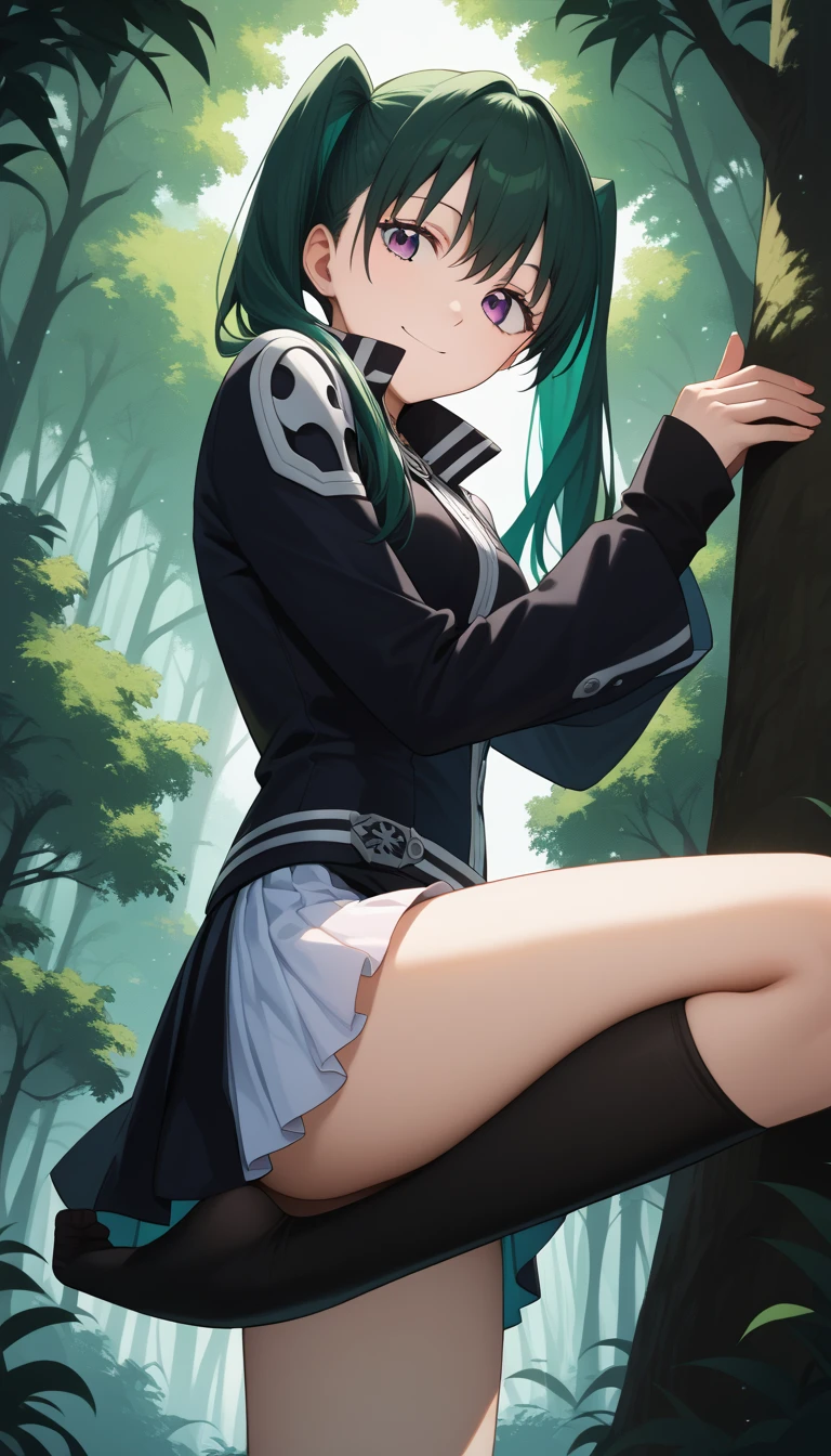 magic school teenager, expression of joy, violet and green colors, sitting on a magic broom, fantasy magic school background in the forest, high definition, full body focus.