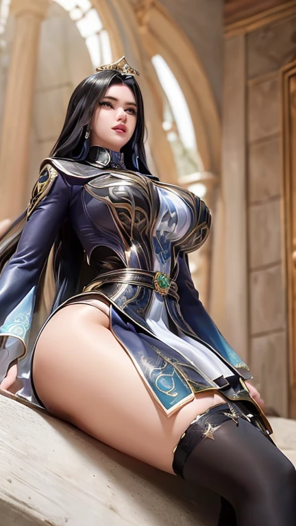 perfect eyes:1.2, detailed eyes:1.4, TharjaV4, makeup, eyeliner, (makeup, mascara:1.1), lips,(thick\lips\), (shiny glossy translucent clothing:1.1), cleavage, jewelry, black hair, blue eyes, bracelet, covered navel, tiara, bridal gauntlets, skin tight, bodystocking, two side up, cape, pelvic curtain, bending over, arched back, from side, large breasts, stack of books, looking at viewer, bookshelves, 1girl, solo, (masterpiece:1.6, best quality),