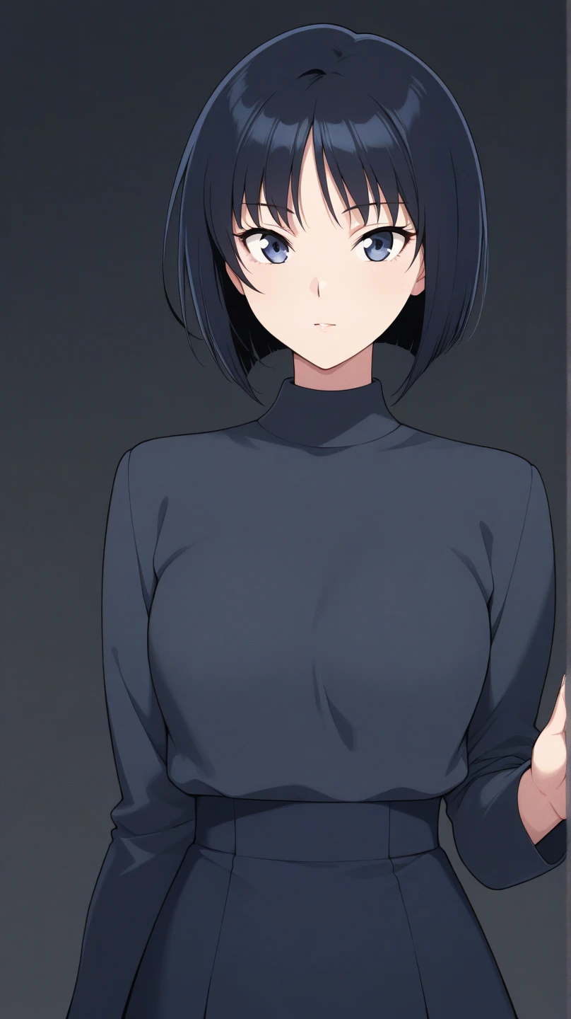 (best quality:1.5, highres, UHD, 4K, detailed eyes, detailed lighting, detailed hair, shaders), black hair, bob cut, hair covering one eye, cool woman, cool girl, sharp eyes, blue eyes, beautiful, large breasts, casual clothes, (pov, close shot)