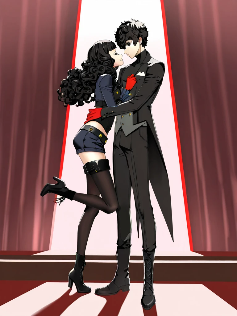 Detailed eyes, Vampire Pale man, long black hair and black and red vampire clothes vampire outfit, vampire man with long hair Red glow in the eyes, blood dripping from the mouth, vampire fangs, vampire couple, vampire love and a Vampire pale woman with black hair with bangs black mini skirt black and black corset, fishnet stockings, black boots, vampire woman’s outfit, vampire, vampire woman, Red glow in the eyes, blood dripping from the mouth, vampire fangs, vampire man and vampire woman, man and woman in love man long hair seductive look, kissing,