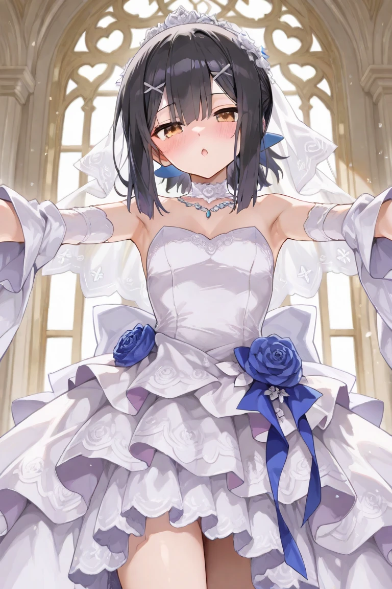 ((Masterpiece)), (((Best quality))), ((Ultra-detailed)), ((illustration)), ((Disheveled hair)), ((frilld)), (1 girl:1.2​), (Solo:1.2),Heterochromic pupils,(Yellow right eye in the shape of a clock:1.2), (Wedding dress:1.4) ,full bodyesbian,