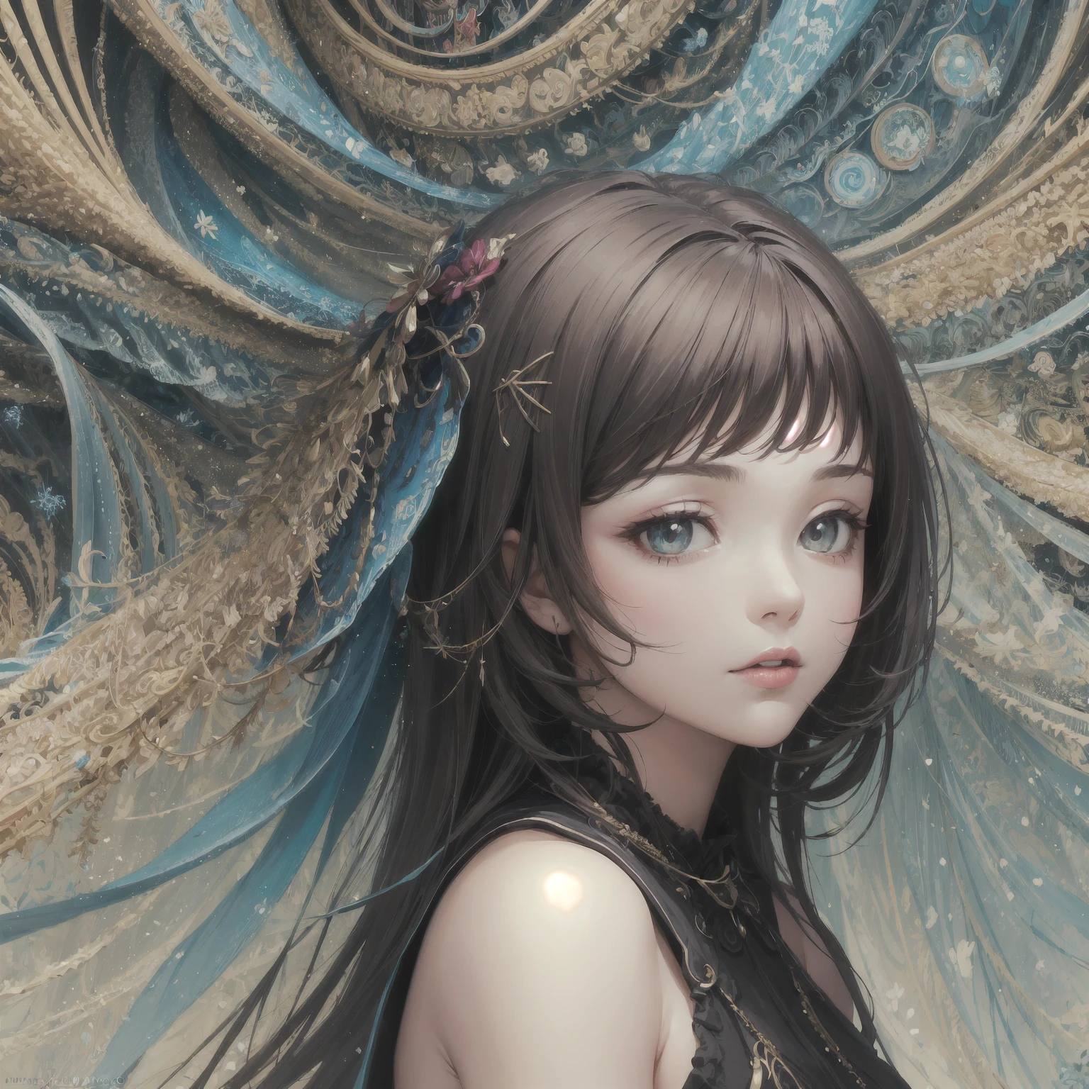 Close-up of gothic girl with stuffed brown bear, Stuffed bear with mother-in-law, Deformed, dreamy gothic girl, Gothic girl dress with ribbon, lace, embroidery and frills, Gothic girl with golden eyes, expressionless, ball joint doll, Goth girl, Dark and gothic,. Gothic Maiden Anime Girl, Gothic Aesthetic, Gothic Art Style, Shy Cute Face. Dark fantasy, neo-goth, gothic horror atmosphere, creepy cute, dollar punk, gothic body! , gothic art, gothic girl face ((masterpiece))
, ((8K images)), ((super detailed writing)) xxxholic