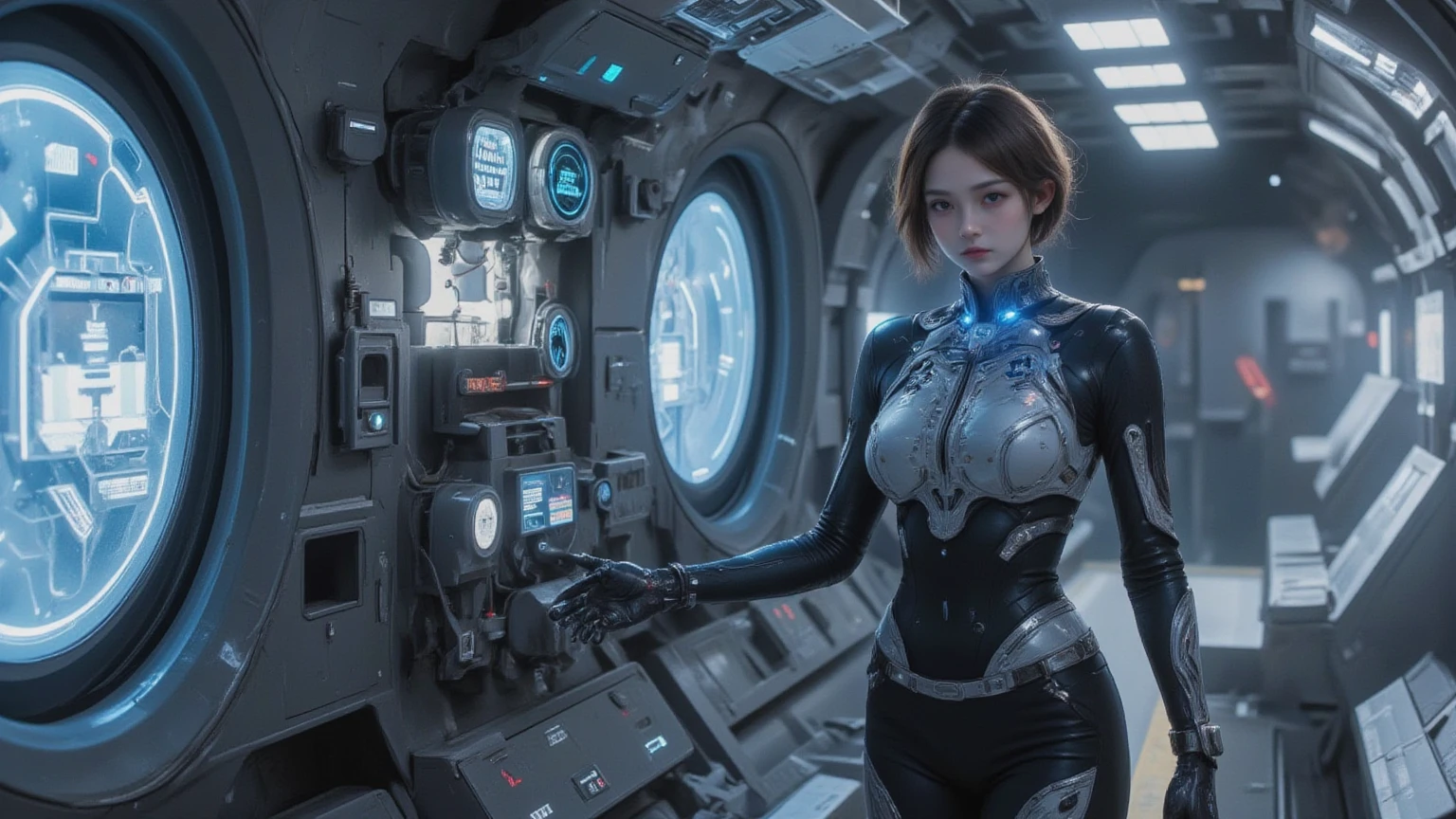 masterpiece,best quality,high resolution,8k,(portrait photo:1.5),(R original photo),real picture,digital photography,(Combination of cyberpunk and fantasy style),(female soldier),20 year old girl,Random hairstyle,through bangs,(red eye breasts, Accessories,Keep your mouth shut,Elegant and charming,Serious and arrogant,Calm and handsome,(Cyberpunk combined with fantasy style clothing,hollow-carved design,big breasts，joint armor,photo poses,Realistic style,gray world background,oc render reflection texture，sentry