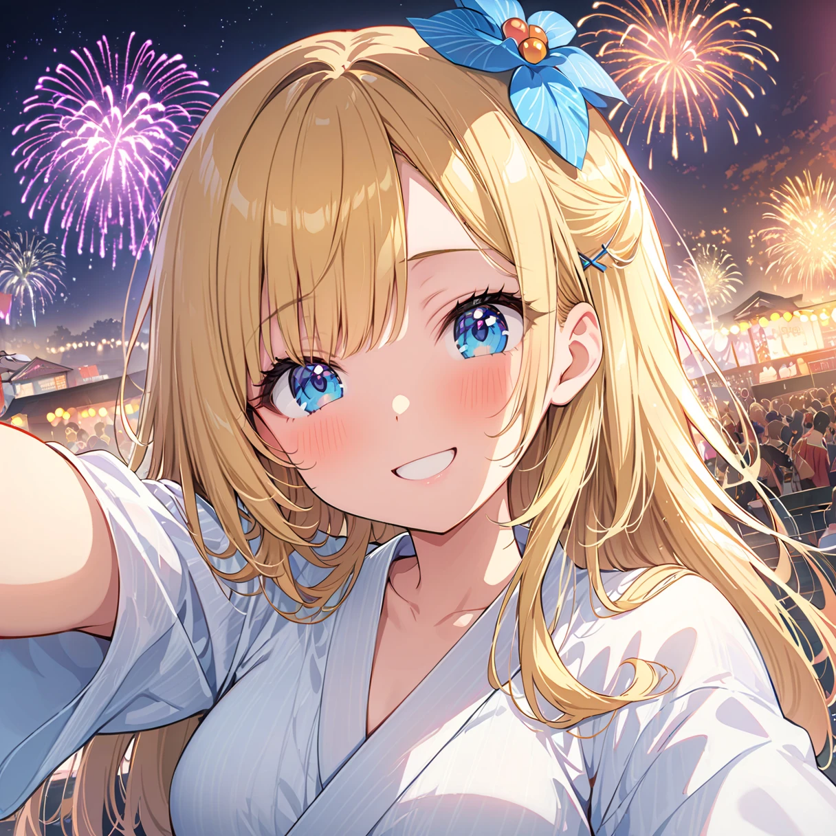 petite 1girl school_Uniform blond hair blue eyes, embarrassed nose blush smile, best quality, high detailed, Faint lips,UC:realistic, cinematic lighting,  full body , (best shadow), (an extremely delicate and beautiful)  floating, finely detail glinting stars, (best detailed fireworks), (depth of field), (((hanabi))) (((backlight))) ((beautiful detailed water)), night sky beautiful detailed sky (((arms behind back))) (((dynamic angle))) pupils sparkling open mouth surprised backlighting deep shadows caustics