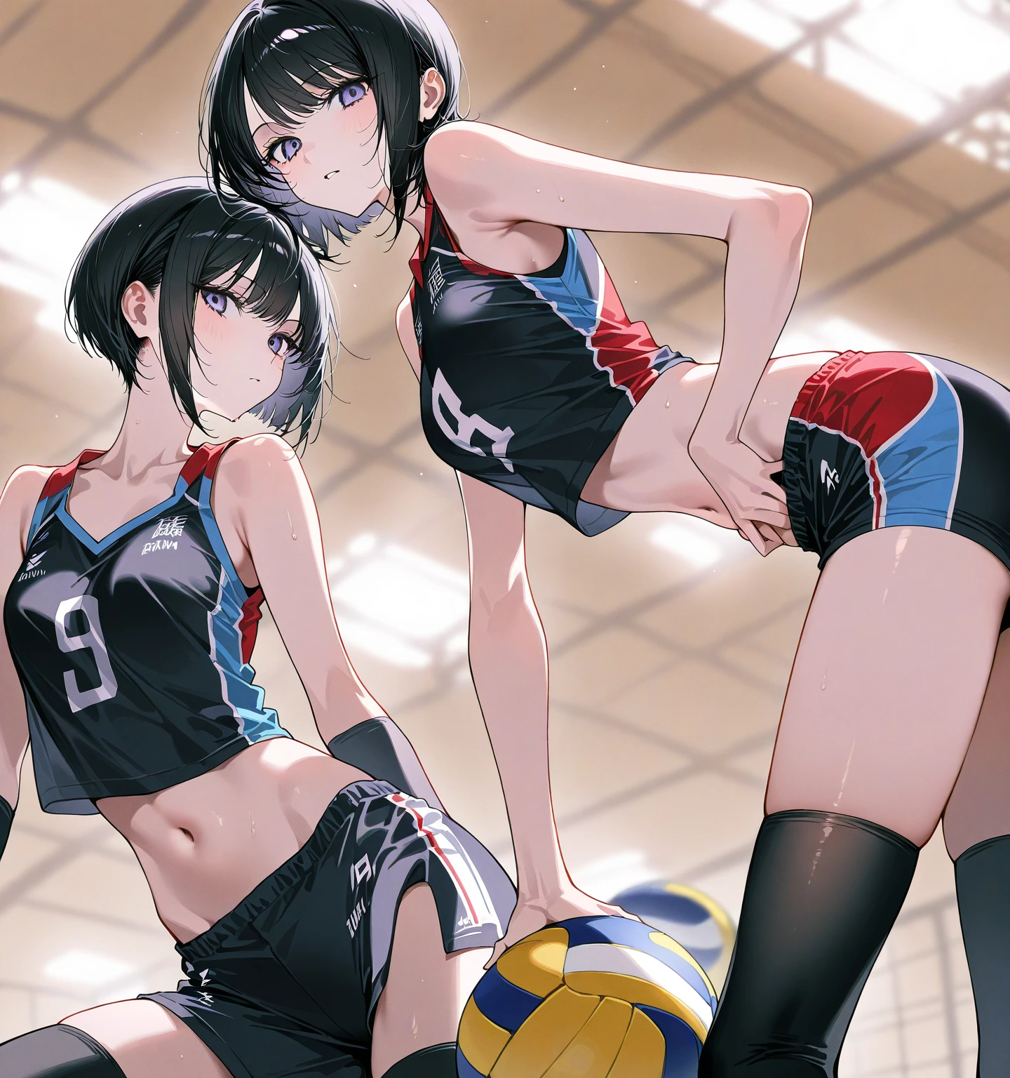 (top-quality、in 8K、32K、masterpiece、nffsw、超A high resolution、Impresionismo、Photorealsitic:1.2)、Full body, from behind, Inside the gymnasium、Volleyball Court、beauitful face、blurry backround、16-year-old beautiful girl、shinny skin、bob cuts、Beautiful black hair、Red Eyes、(Hachimaki:1.2)、Volleyball Uniforms、Curve、dynamicposes、Smile with open mouth、Two girls、