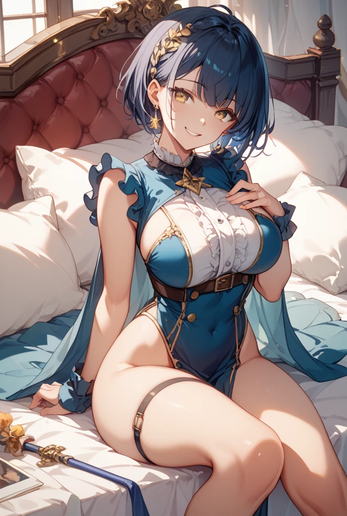 1 girl,highest quality,Super high quality,highest quality,anime characters,beautiful eyes,Detailed contours,big breasts,spread your legs,sweat all over,bronze hair,beautiful big breasts,Exposed shoulders,Full view of pussy,smile,spread your legs,short hair,white mini skirt,Underboob is fully visible,angle from below,I can see your belly button,on the bed,Y-shirt,touching my pussy,is beautiful,open your mouth,Don't show your nipples,