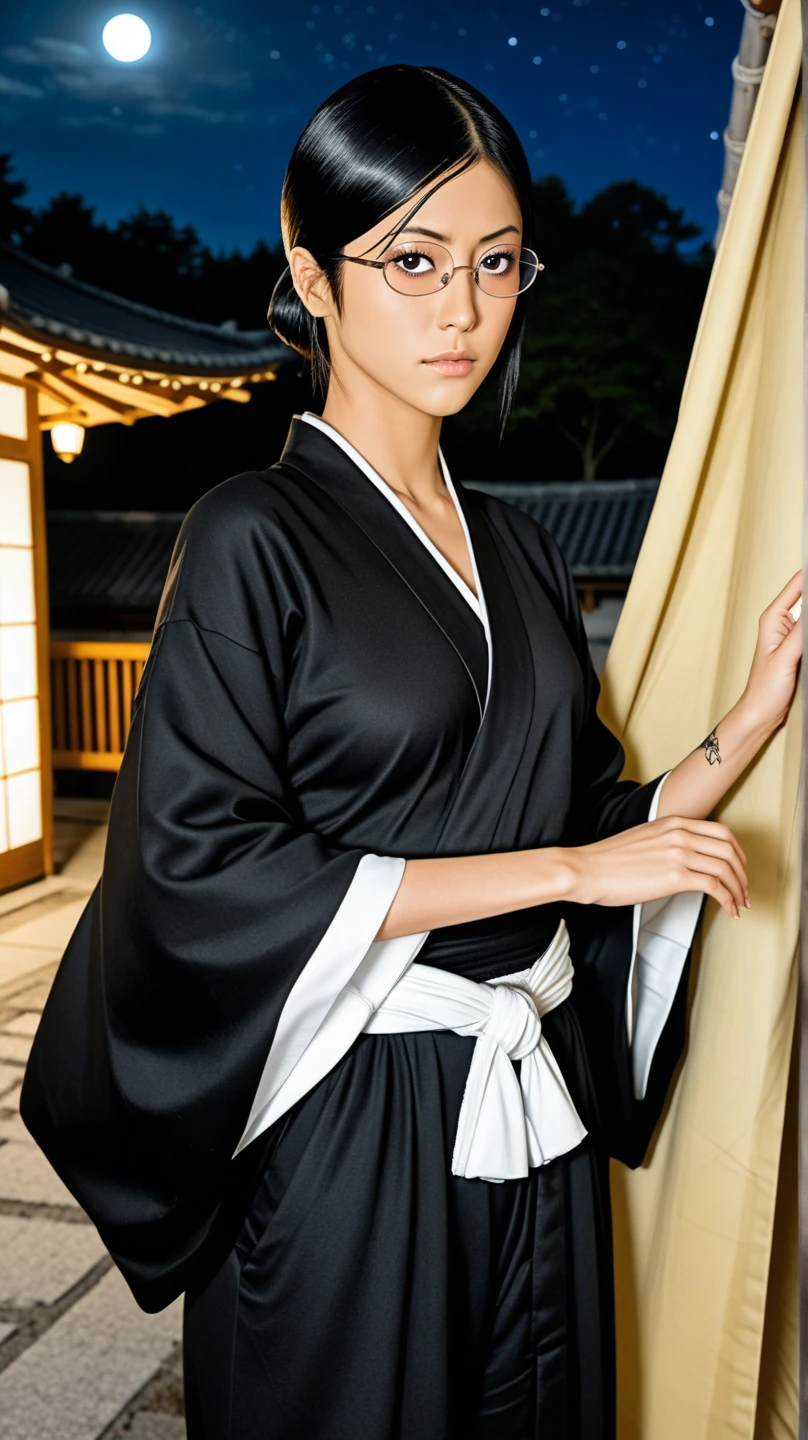 nsfw, Nanao Ise from anime Bleach, glasses, Black kimono and a tent target on left arm, showing breats, Seductively gazes at the viewer, standing in front of a japanese castle in a beautiful night, Full os stars and moon