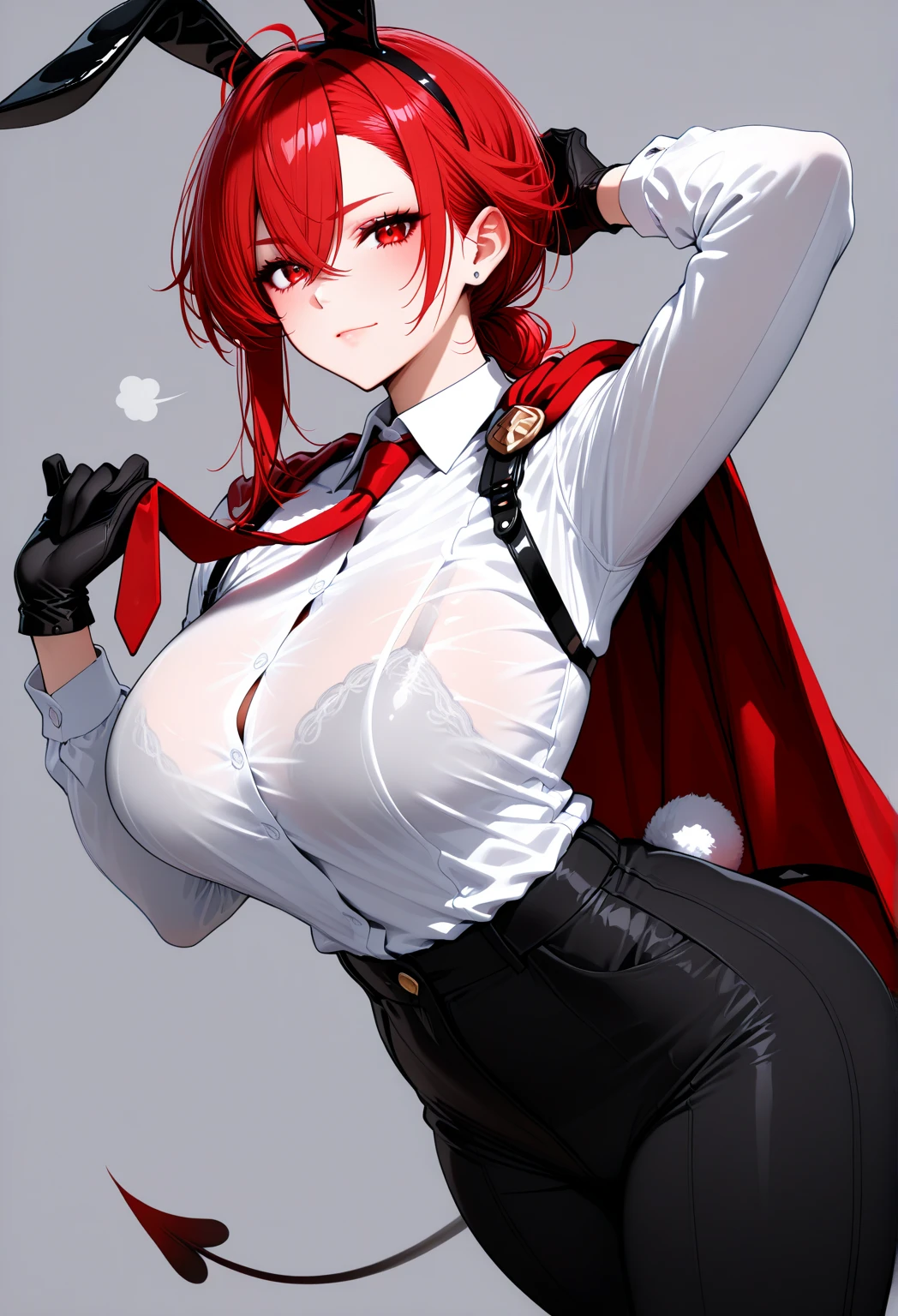 masterpiece, best quality, 1girl, 3rdC,   <lora:RyugasakiRene3rdCv1-000080:1>, beret, open_mouth, large_breasts, hat, black_headwear, black_skirt, official_alternate_costume, white_background, simple_background, blush, thighhighs, looking_at_viewer, smile, cowboy_shot, chain, pleated_skirt, thigh_strap, fang, ear_piercing jewelry, demon_horns, breast_curtain_lift, short_hair, underboob, zipper, demon_tail, ass_visible_through_thighs
