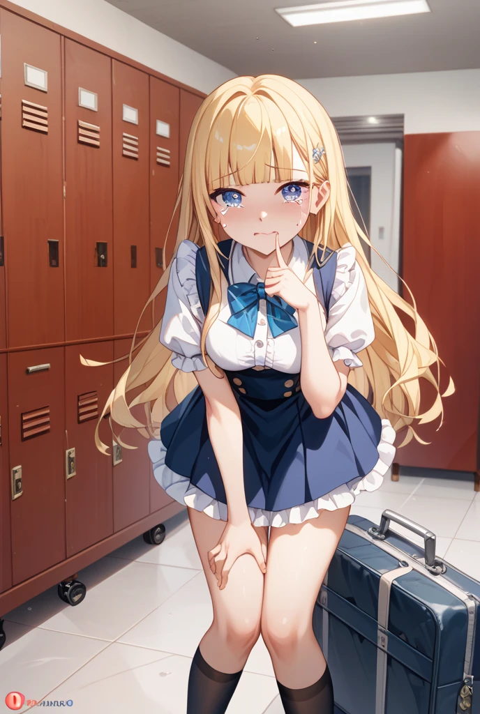 A thin female student with small breasts,{laughing},{nsfw},locker room,school uniform,undressing,I'm with a friend