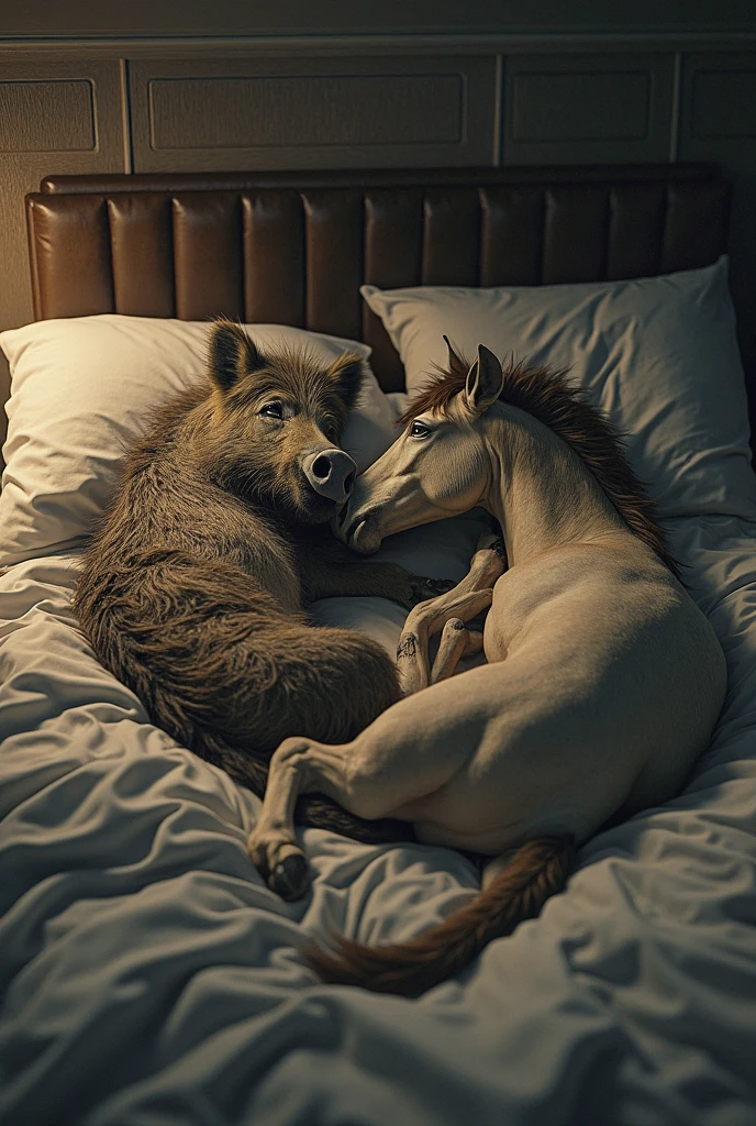 Naked man sleeping belly to belly on top of a wolf hugging him
