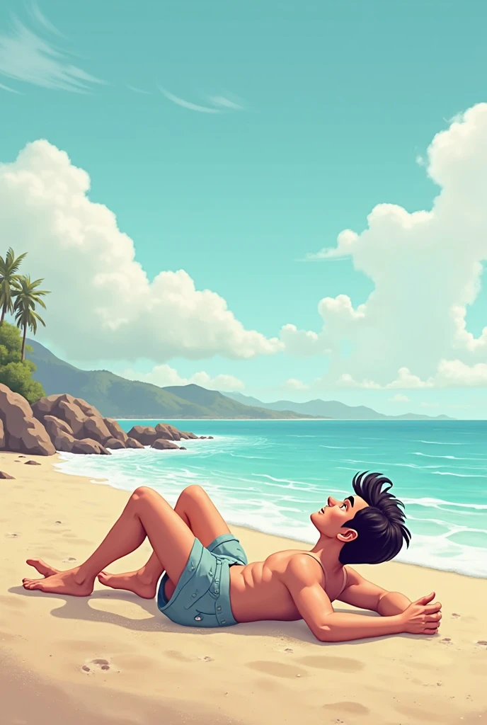 drawn in the form of a colored drawing, a fisherman is passed out on the sand of the beach with an empty glass bottle next to him