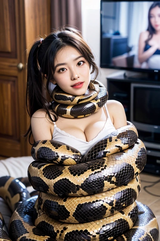 best quality, masterpiece, best aesthetic, (8K, photorealistic:1.2), (ultra high res, finely detailed:1.5), (correct anatomy:1.4), pov, indoor, midnight, bedroom, 1 girl, Japanese woman, ((solo:1.3)), (cowboy shot:1.1), (looking at viewer:1.5), ponytail, black hair, long hair, detailed skin, dark eyes, (narrow eyes:1.4), beautiful nose, beautiful lips, (28 years old:1.1), (looks younger than real age:1.3), (crying:1.5), (bra, panty:1.4), (petit, slender:1.5), (beautiful breast:1.3), ((constricted by 1 giant snake, restrained by 1 giant snake:1.4)), ((snake’s tail is coiled around girl’s legs and waist, snake’s body is coiled around girl’s arms and breast:1.5))