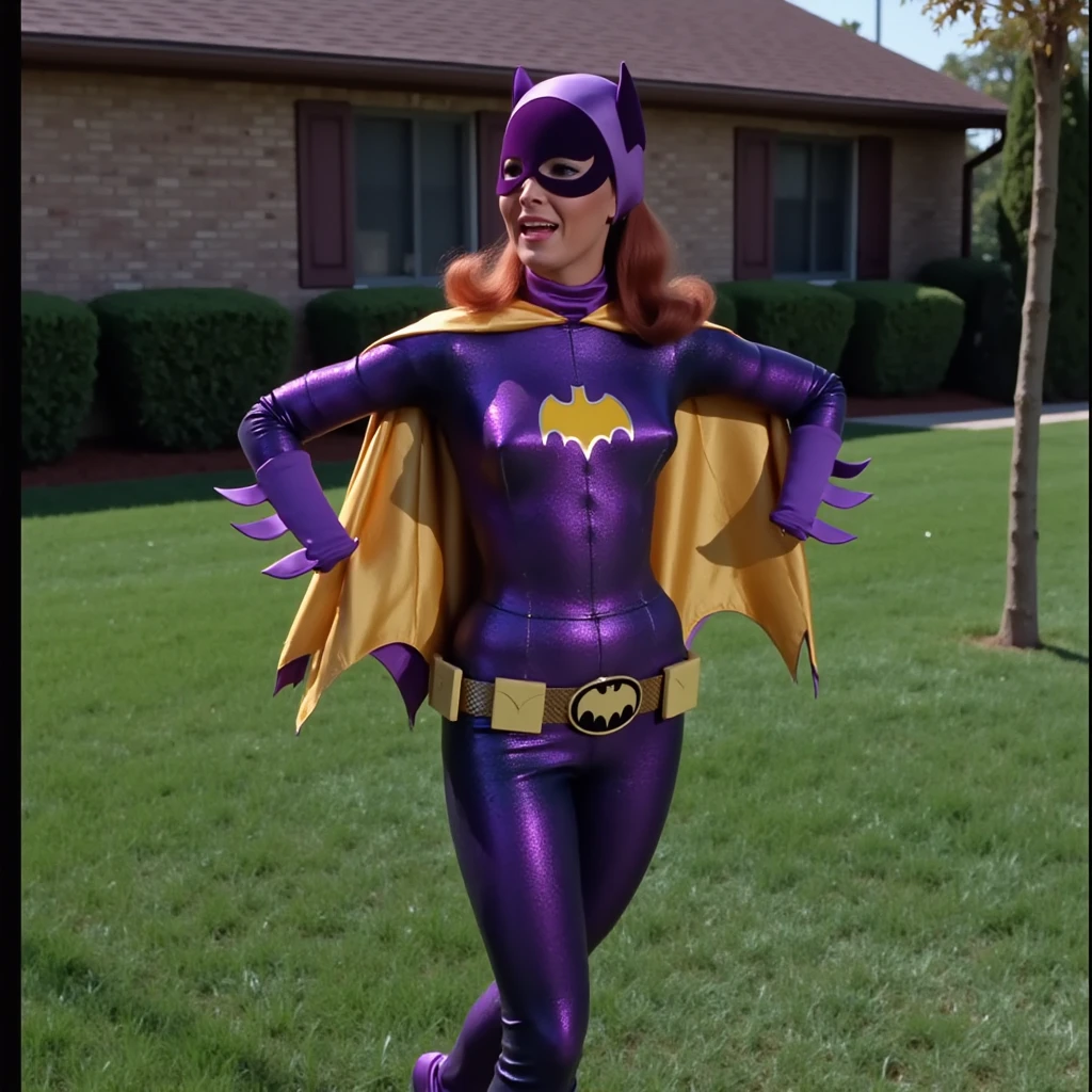 yvonne craig woman, she is desperate, her waist is squeezed by a red belt which contracts and squeeze her body, she cant move while her waist is squeezed by the red bely, she is standing in pain with her shoulders shrugged, screaming with her eyes wide open looking to camera, she is in pain, we see her injures, 60's style, analog film, on grass, film grain