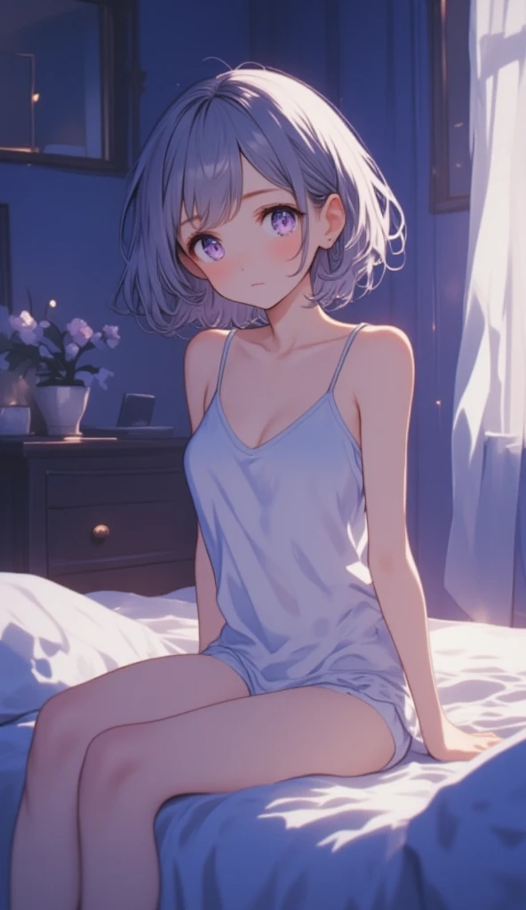 (Cute older sister:1.3)、((Very detailed))、night、Bedroom、On the bed、、Going to bed、Shining night sky、((1 person)),,White camisole