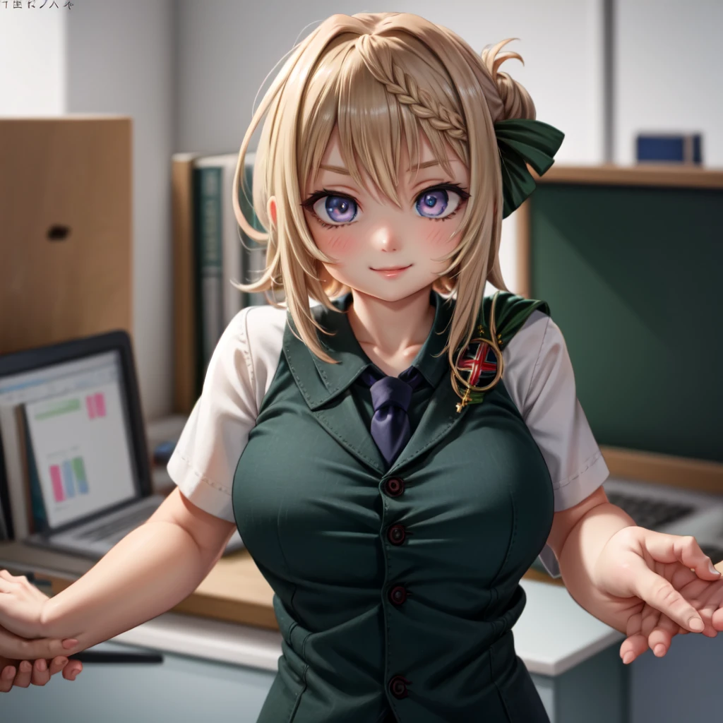 yellow eyes, green bowtie, white background, directly from front, NSFW,shout,{{{Lifting the bra}}}, {{{take off your shirt}}}, {{{show your chest}}}, Anime nose, anime eyes,topless, small breasts,best natural nipples, look away,anger, From before,In the hospital,(masterpiece, highest quality:1.2),Lift the shirt, take off your shirt, sit in his chair, (masterpiece, highest quality:1.2),figure,8K,HD,1 girl,alone,Upper body,(portrait:1.2),School_uniform,pleats_skirt,skirt,