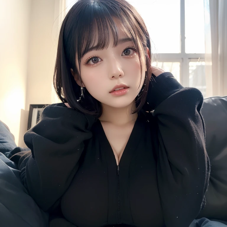 Masterpiece, highest quality, figure, Very detailed, Fine details, High resolution, 8k,wallpaper, Perfect dynamic composition,(Detailed high quality, Realistic depiction of eyes:1.3), (Collared knit shirt:1.1), Pleated skirt, Short Bob Hair、Black hair color, Big Natural Color Lip, Bold sexy pose, Crying a little、Cold Stare, Harajuku Style、Acrobatic pose, 20-year-old girl、Cute type、Lolita、Beautiful feet, Hotel Rooms, Idol Sculpture, Voluptuous thighs, Huge breasts