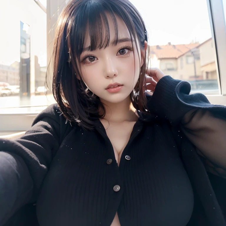 (top-quality、8K、32K、masterpiece、nffsw:1.2)、Photo of a cute Japanese woman、large full breasts、very short bobbed hair、sface focus、Long sleeve knit、Wear light knitwear、Light purple knit、a necklace、Staring at the viewer、Shorts:1.5、Seduction Pose、Seductive facial expressions、Show off your cleavage、Black stockings、shortpants、university campus、is standing、