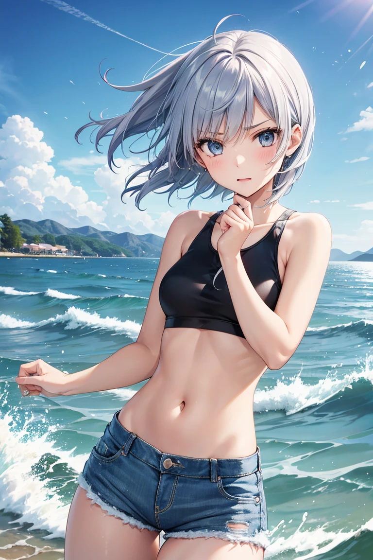 index, index, (Green Eyes:1.5), Silver Hair, Long Hair, (Flat Chest:1.2),happy smile, smile, Open your mouth,Hair Bun, double  Hair Bun,White Bikini Swimsuit,Short denim,barefoot,barefoot,
壊す looking at viewer, whole body,(Cowboy Shot:1. 5)
Destroy outdoors, Sandy Beach,beach
break (masterpiece:1.2), highest quality, High resolution, unity 8k wallpaper, (figure:0.8), (Beautiful fine details:1.6), Highly detailed face, Perfect lighting, Highly detailed CG, (Perfect hands, Perfect Anatomy),