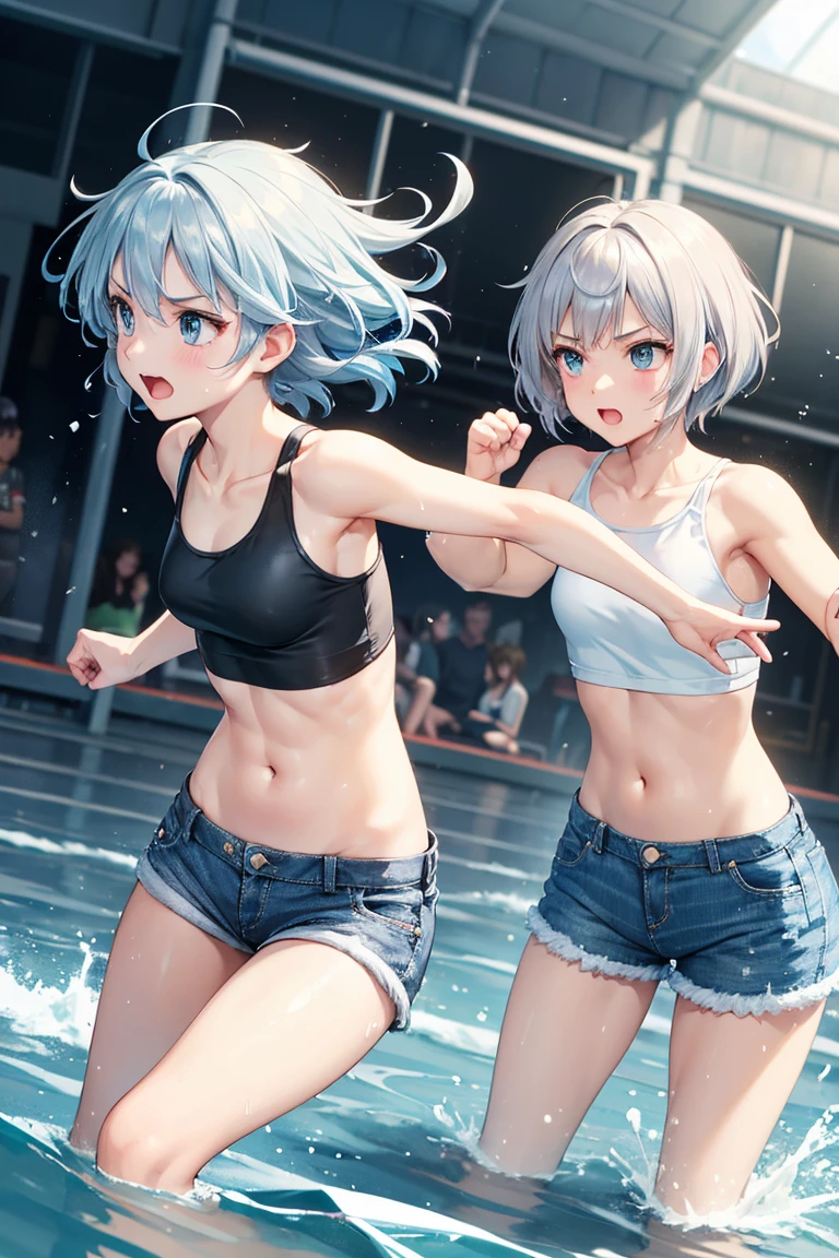 1 girl, (alone:1.2), ((masterpiece)), Slim, , pale skin, ((delicate eyes)), (bokeh effect), sweating, (dynamic angle), running, white hair, short hair, bare shoulders,Lilu's collarbone, armpit, (External), Smile, bed, thong,sports shoes,White knee socks,running,Crowds of people,b cup,bra,high resolution,Super detailed,marks of strangulation