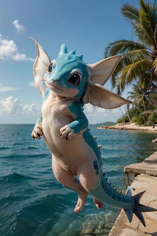 ((Best quality)), ((Meisterwerk)), (detailliert), perfektes Gesicht, woman,, platinum blond hair, the body of the woman is painted like an vaporeon, vaporeon bodypaint, beach, looking to the viewer, 4k, hd, front view, , fishy vagina, ((vaporeon transformation)), scales, hybrid, fins, sharp teeth, antthro