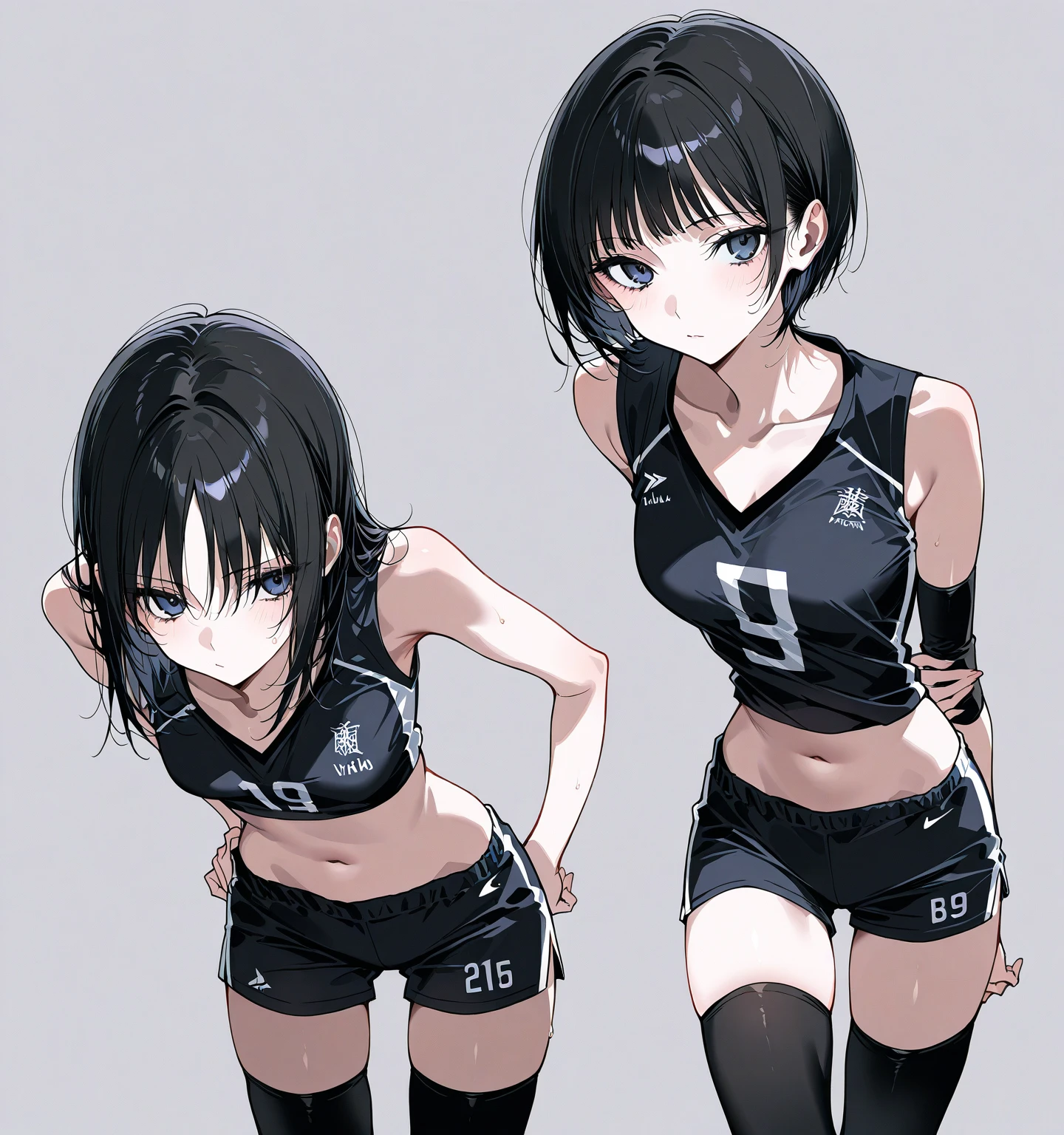 16k works,Highest quality,18-year-old,No background.White background only,whole body、Kneel,Dynamic and sexy pose, One person, Beautiful Face,, Symmetrical eyes, Perfect body, Good balance、 Perfect body、((Wearing sports shorts:1.5、I can see my belly button:1.5,barefoot))、Black Hair,Short Bob Hair,Laughter,(Small head:1.2,skinny:1.4,Slender body,Medium chest