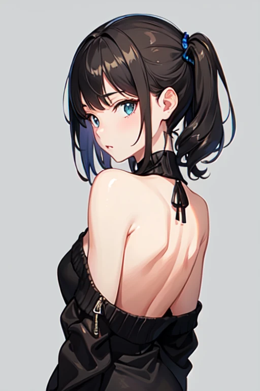 ((Top quality, masterpiece, freak, super resolution)), 1 girl, Japanese model,,Smooth black hair,The woman wears a , (push-up bra), designed to provide adequate support and enhance the breasts. Holter neck style baby doll, front: large opening at the chest tied with a thin ribbon, waist fitting, short and flared skirt, color: black, pattern: frills on the chest and skirt hem, sheer fabric giving a light impression, back: large open back with continued holter neck design, thin band at the waist, short and flared skirt similar to the front, color: black, pattern: frills on the chest and skirt hem, sheer fabric used on the back as well, overall: elegant and sexy design.