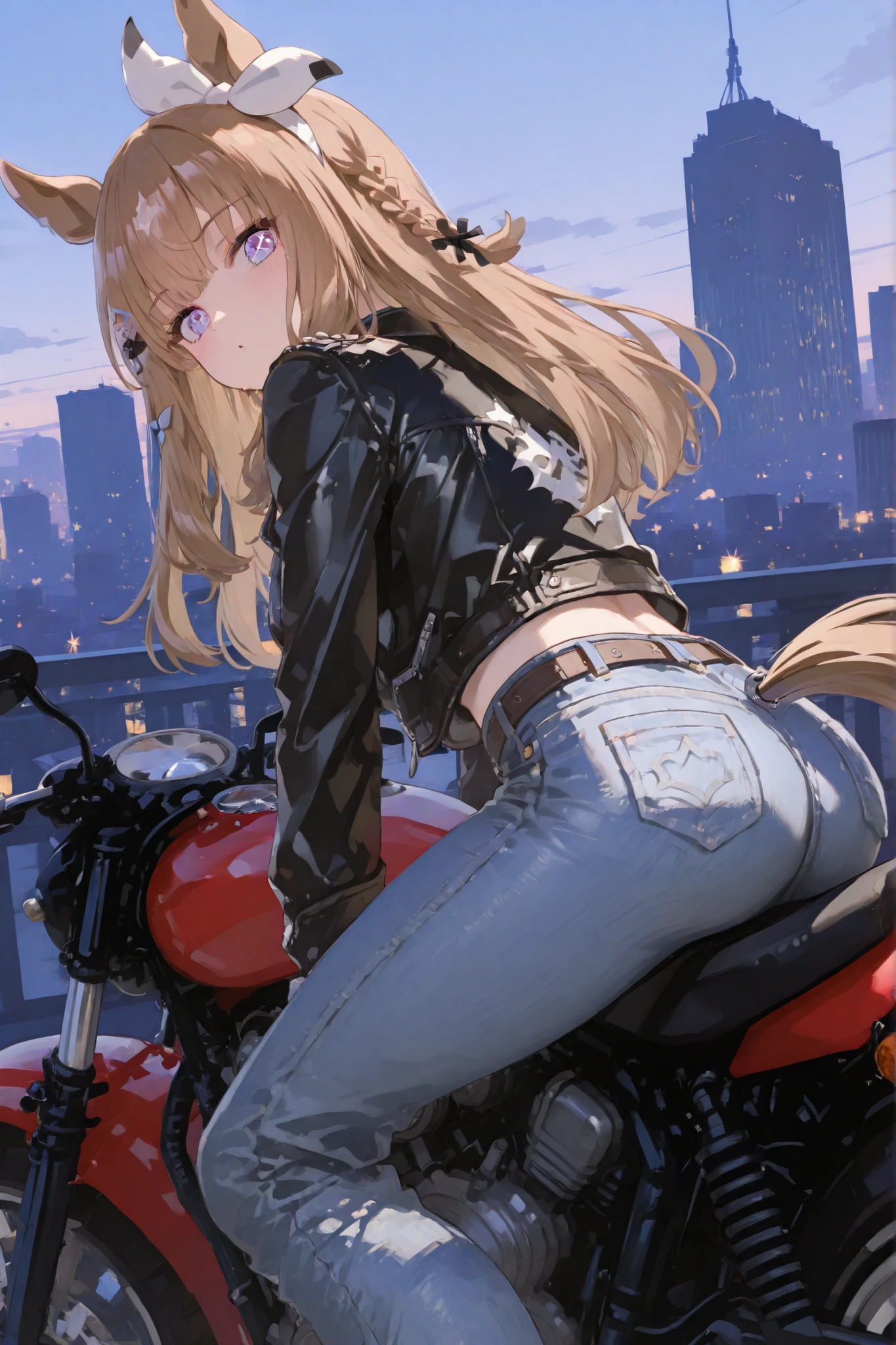 masterpiece、almond eye(Uma Musume)、yabuki、High Quality、8K、1 girl, Scout Bobber, Leather jacket, denim pants, ride motorcycle、Cityscape background