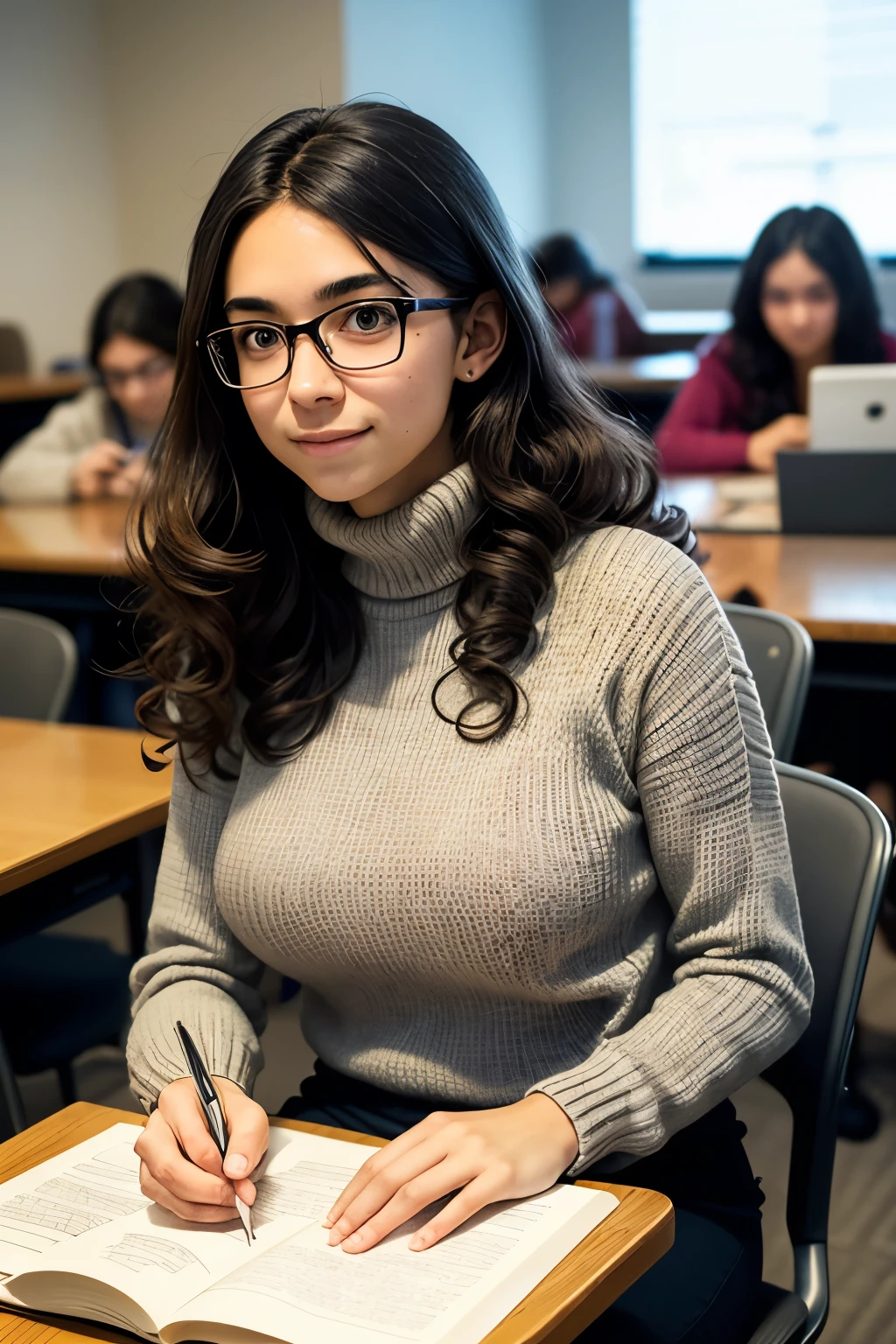 close-up shot, soft lighting, looking away, tall skinny araffe lanky statuesque slim smart studious shy young college student, (young Jessica Ennis:0.95), college lecture hall, sitting behind desk, bright symmetric eyes, big huge massive gigantic colossal sagging long symmetric breasts, ((extremely long big thick curly lengthy elongated extended casual centered hair with highlights)), (hair tied back), (loose baggy heavy thick knit pale tan turtleneck sweater), (((shy expression))), chin down, thin small glasses, (smile:0.85), diverse college students seated behind desks, studying