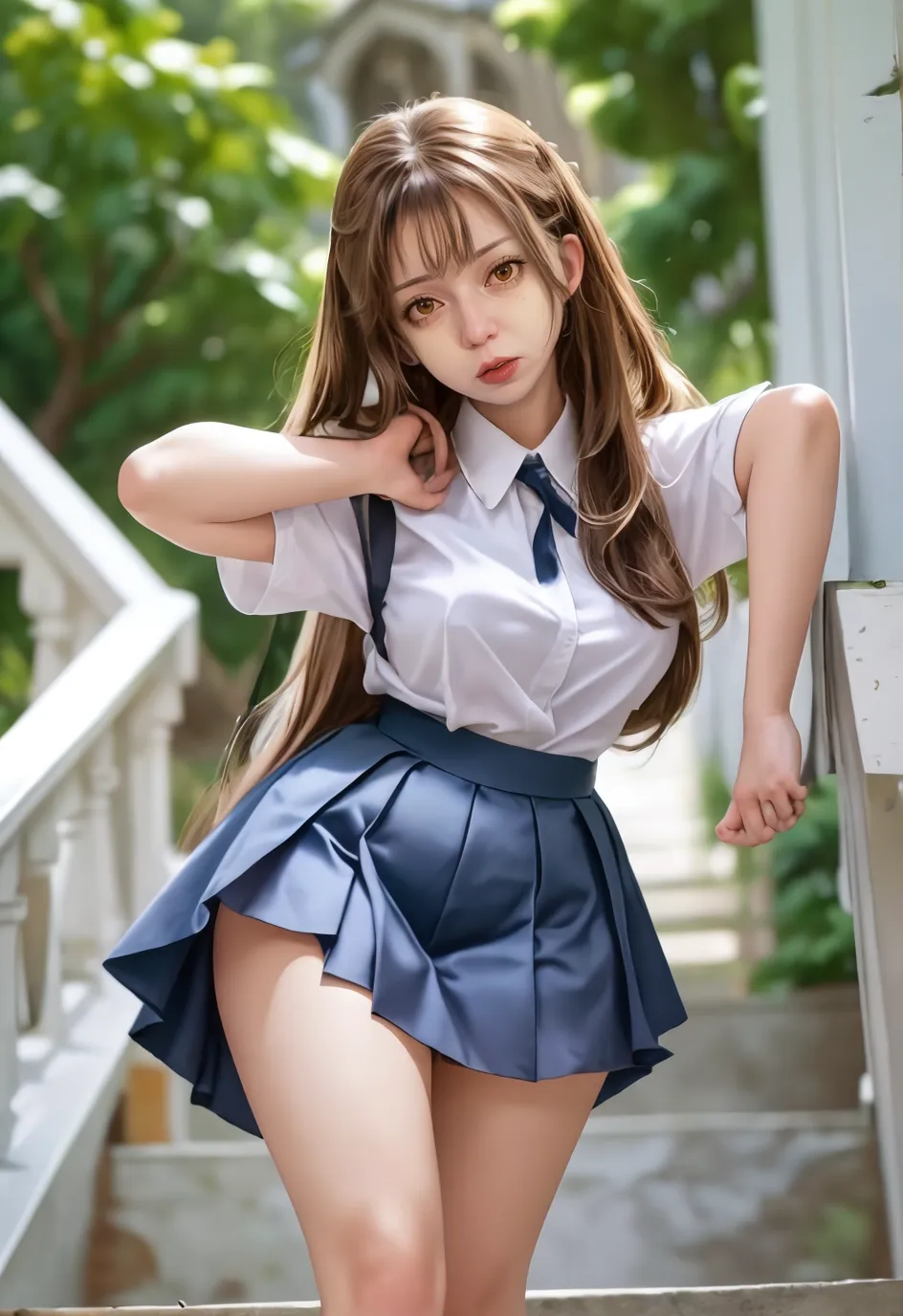 (8K、top-quality、masterpiece:1.2)、(reallistic、Photorealsitic:1.2)、 Phenomenally cute girl、14years、sitting on、(((pantyshot)))、(((Spread your legs apart)))、独奏、Classroom、watching at viewers、(Sit up:1.5)、In the school、Chest that looks like it's going to burst、Fine and beautiful eyes、)、(Dark blonde hair:1)、(Braid hair:1.1)、pantyshot, Spread your legs apart, skirt by the, student clothes, pink panties, sockes, A dark-haired, The shirt, bblurry, blurry backround, knee high, white shirt, lowfers, life-like, length hair, s lips, Brown-eyed, Black socks, neck tie, pleatedskirt, the bow, head rest, looking to side, plein air, Brown Footwear, masterpiece, top-quality, ultra-detailliert、(((pantyshot)))、(((Spread your legs apart)))、Inviting eyes、((Lustrous smile))