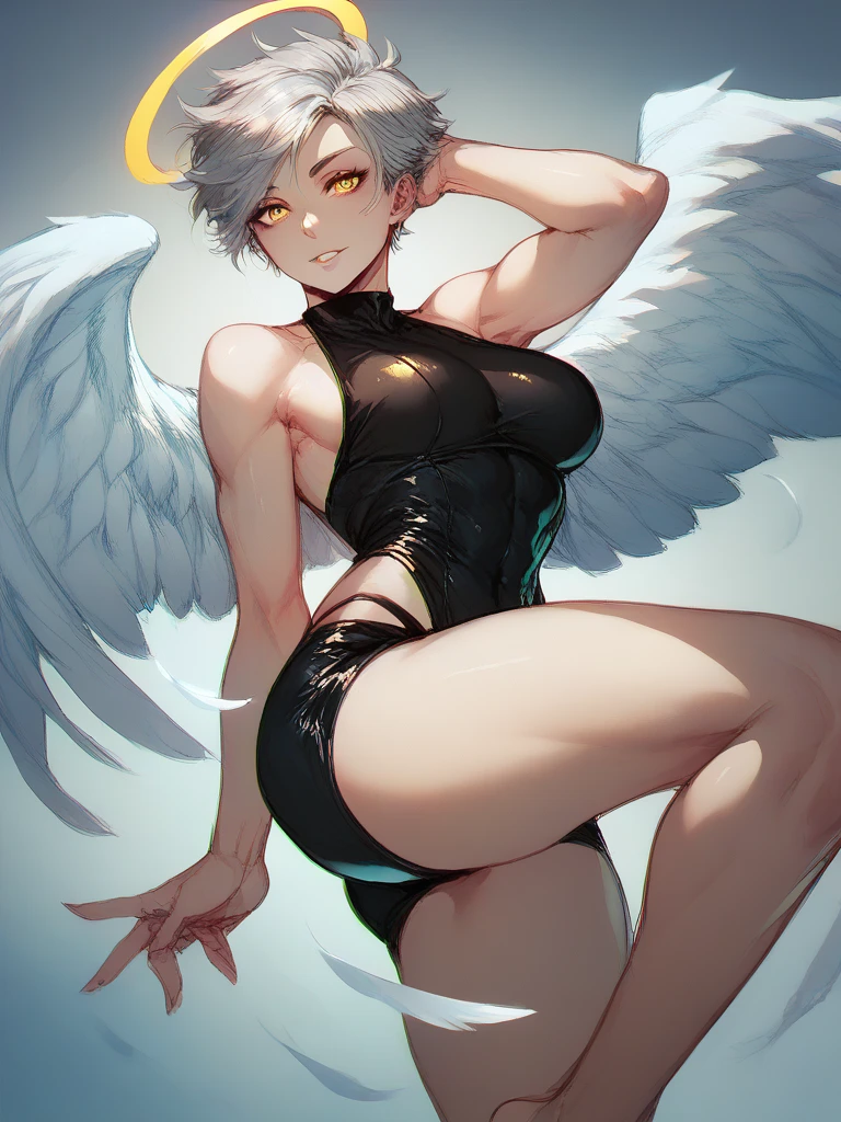 High quality, cool beauty, beautiful woman, mature, beautiful silver hair, short hair, bangs, Russian style beauty, beautiful legs, taut and beautiful breasts, beautiful ass, taut and beautiful ass, beautiful ass, light blue eyes, sexy outfit, black outfit, black and gold outfit, slit, above the sky, above the clouds, black clouds, fallen angel, fallen Angel, big wings, jet black wings, wings on back, cleavage, navel, navel out, feet, raw legs, fearless smile,
