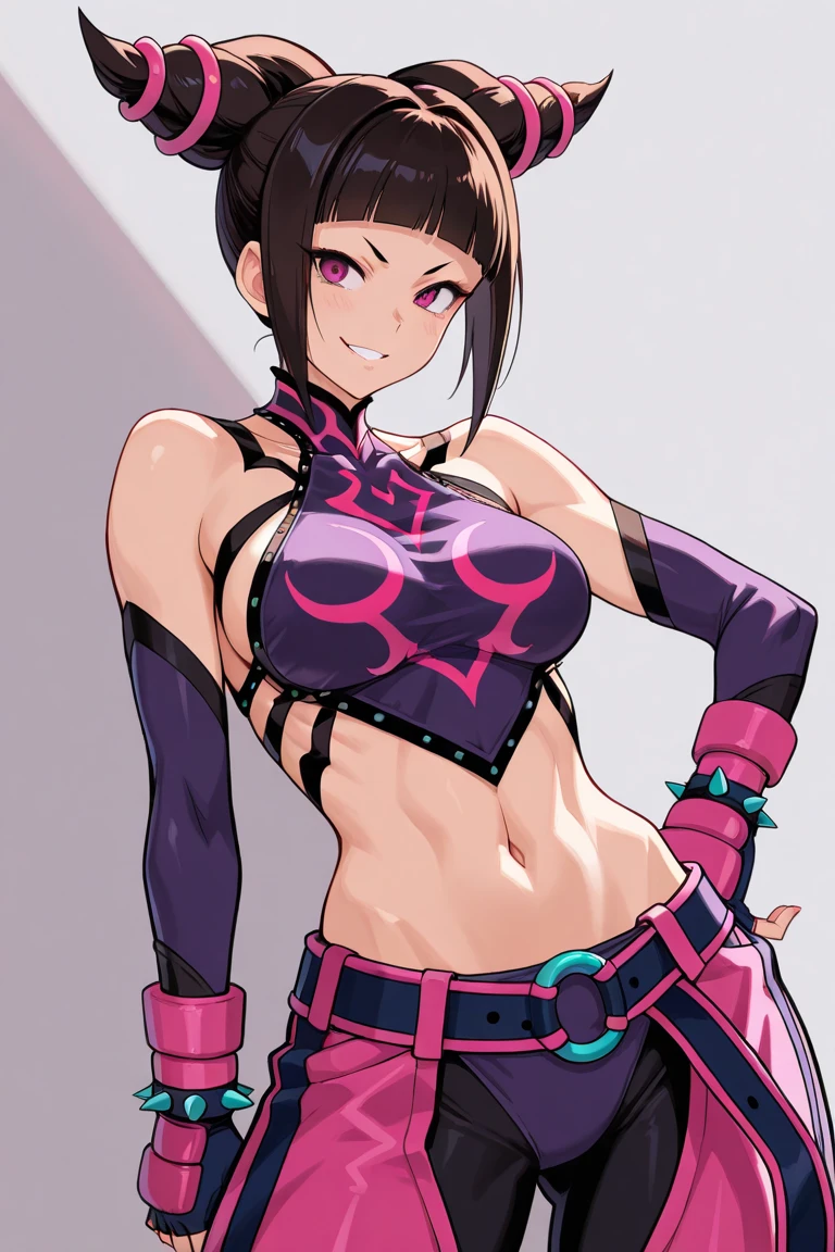 Juri Han looking down at viewer with lust, big grin, busty, curvy, asymmetrical hair, black hair, diagonal bangs, hair horns, medium hair, multicolored hair, (purple eyes:1.1), pink hair, two-tone hair,
black collar, chinese clothes, collar, crop top, navel, spiked collar, spikes, pants, baggy pants,
