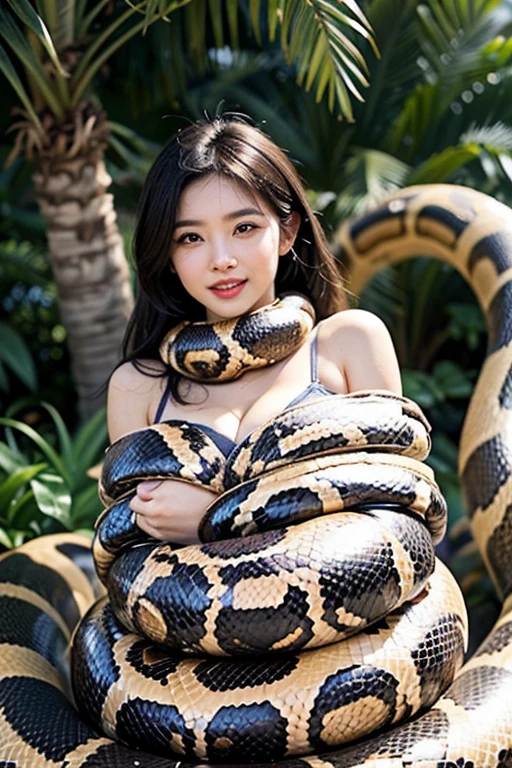 masterpiece, best quality, highres, Tifa, messy hair, long hair, large breasts, unique hair detailed, large breasts, breasts out, blue skirt, beautiful detailed eyes, cleavage, snake, (coiled), (python), snake scales detailed, restrained, angry face, mad, nude, masterpiece}}}, {{highly extreme detailed}}, solo, Focus on the girl, anime, (milk dripped from her nipples), Nude, blush, {orgasm}, {sweaty}, {{python sex}}, (((object insertion))), jangle, spread arms, interspecies, bestiality, (Giant python bestiality, Giant python sex, ((Giant python Rape)), Giant python Rape, Giant python Coils, Passionate Squeeze) (((Giant python coils, Passionate squeeze, ))), coils,((Tifa is wrapped around a giant python)), ((giant python rape)), giant python sex,