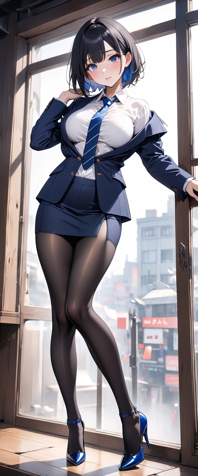 photorealistic, high resolution, 1women, shining skin, solo, perfect face, (long hair, blue eyes), closed mouth, muscular legs, pantyhose, skirt, unbuttoned shirt