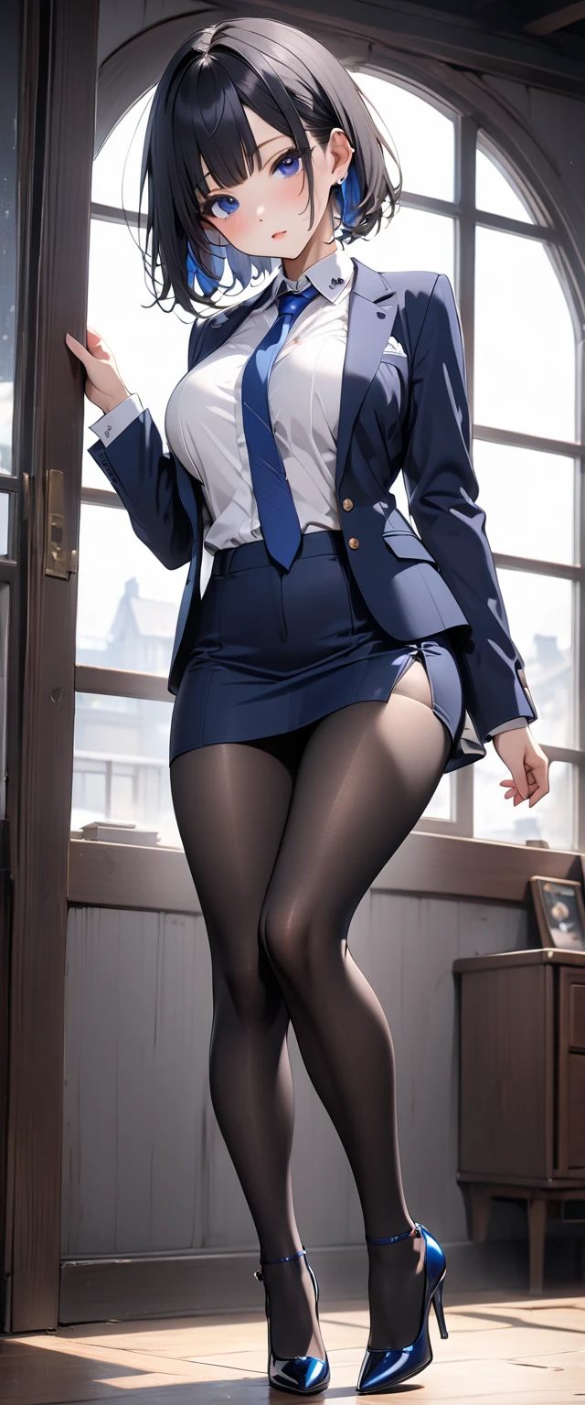 (()), Beautiful Girl, Model body, Big blue eyes, Small breasts, Long legs, Fashionable earrings, Ultra realistic pantyhose wearing、 Flight attendant uniform sexy, Shot from above, Very white skin, Super short hair, Blonde hair , Photorealistic, indirect lighting, Volumetric Lights, Ray tracing, ultra-detailliert, Best Quality, Ultra-high resolution, nffsw, 8K, Heavy volumetric fog