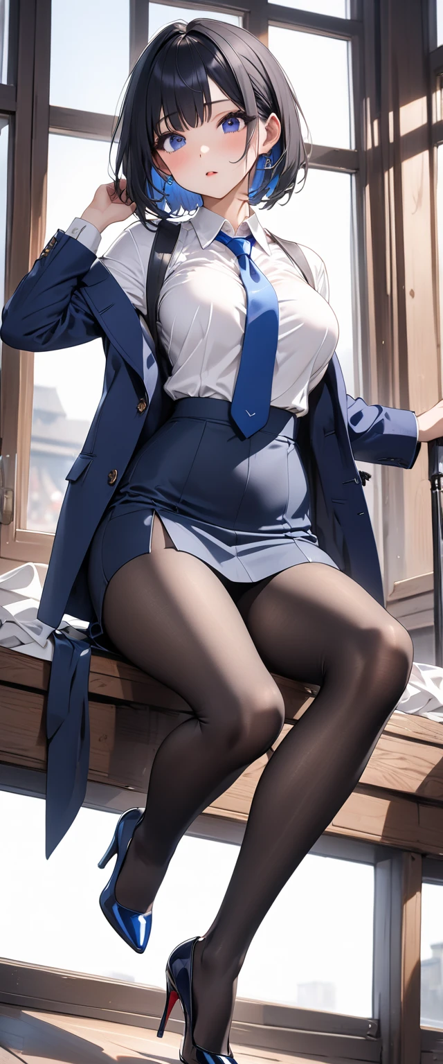 <lora:zodiac style v1:0.9><lora:AojikaMizuho:0.75> <lora:Sailor_Uniform:0.75>Sailor_Uniform,(masterpiece, high quality:1.1), detailed, cinematic lighting, shadows, official art, AojikaMizuho, 1girl, solo, mature female, standing, (undressing:1.2), looking at viewer, (blush:1.1), open mouth, happy, short hair, blue hair, blue eyes, red lips, off shoulder, bare shoulders, white shirt, thighhighs, black bra, panties, red high heels, curvy, large breasts, thighs, cleavage, indoors, room, window, sunset, sky background
