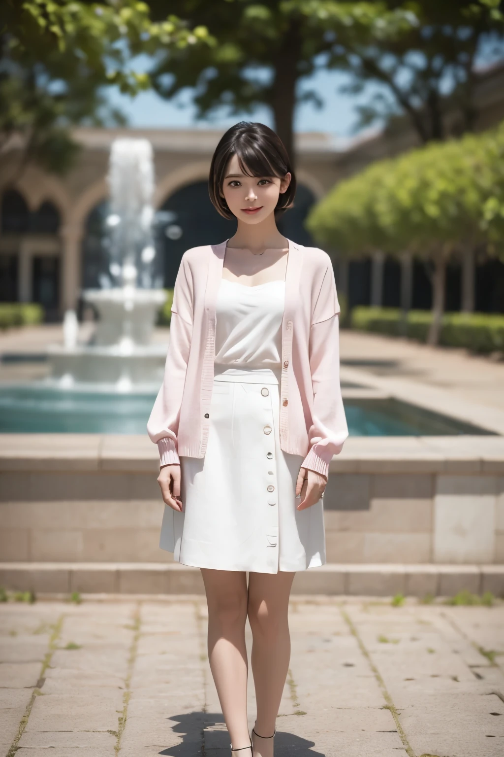 realistic、high image quality、Detailed Exact、8K、1 woman、7、((full body1.5))、full body shot、((Full Body 1.5))、Vision、Vision、Vision(Long Shot:2.0)、((Long Shot2.0))、((long shot 2.0))、Standing in front of a park fountain、((short short hair 2.0))、 has bangs、smile、((Cardigan.pink.long sleeve))、white blouse、white skirt、((pinkのサンダル2.0))、take off his gaze、((Looking in the distance 2.0))、