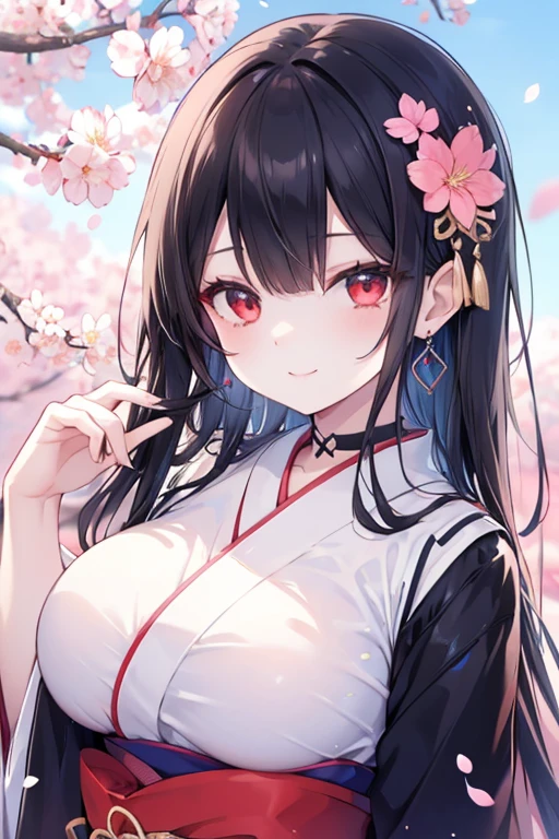 (Ultra-realistic), (picture), (High resolution), (In 8K), (Detailed), (Best illustrations), (Beautiful attention to detail), (Beautifully detailed face), (Highest quality), (非常にDetailed), (masterpiece), (wallpaper), (非常にDetailed顔), (Long black hair), (1 girl), (alone), (Detailed目, pale cheeks, Glowing Skin, Glossy Lips, Facial lighting), (Are standing:1.0), Camel Toe, (Large Breasts), (Large Breasts), (Thin thighs), (Narrow waist), (smile), (Miko costume), (Long sleeve), (Long hakama:1.2), (cherry blossoms), (shrine)