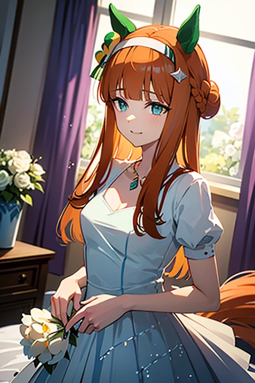 Shin Evangelion，asuka，chies，bookshelves，the sunset，facing at camera，closeup cleavage，wedding gown，A bouquet of flowers，facing at camera，ssmile，blue color eyes，Small eyes，Triangular hair accessories，Red hair accessories，1个Giant Breast Girl，In front of the window，Wear a wedding dress，lace decorations，Flowers in hand，face to the viewer，brown  hair，Bookshelves by the window at the back，人物，depth of fields，light particules，standing at，inside in room，Five fingers，