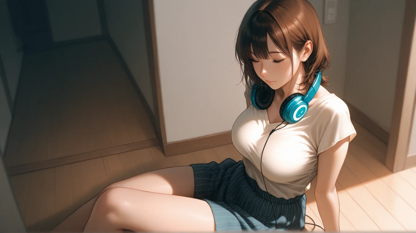 One girl, alone, 20-year-old, Brown eyes, Brown Hair, smile, Beautiful plain clothes, grassland, Lie on your back, Large breasts, headphone, masterpiece, Fine Fingers, 最high quality:1.4, high quality, detailed,