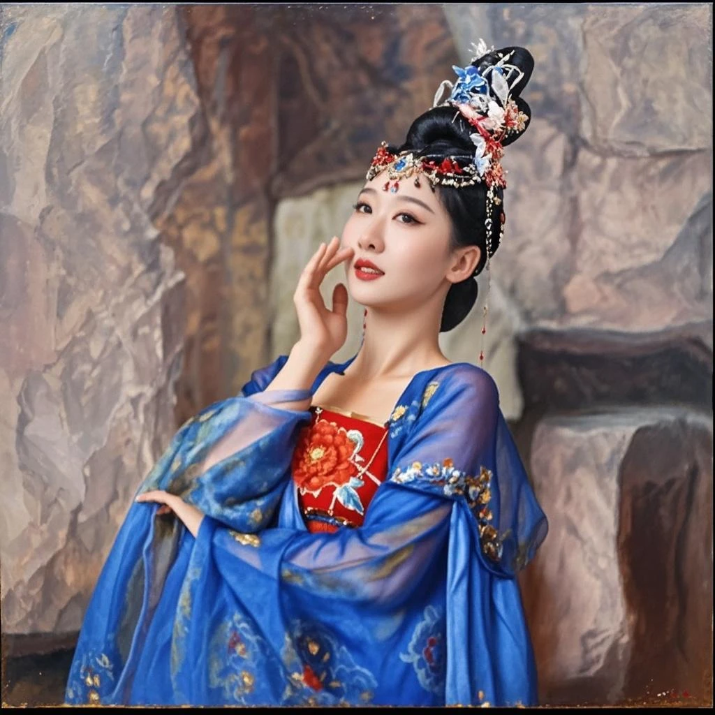 Portrait of the Empress of the Qing Dynasty,Standing with her large breasts exposed. The bare Empress of the Qing Dynasty, Show me her stomach, From thigh to ankle.。She is completely naked, Showing off gorgeous large flowers and hairpins, She tied her hair up and pulled it up, The background is the stone paving of a Chinese palace during the Qing Dynasty...
