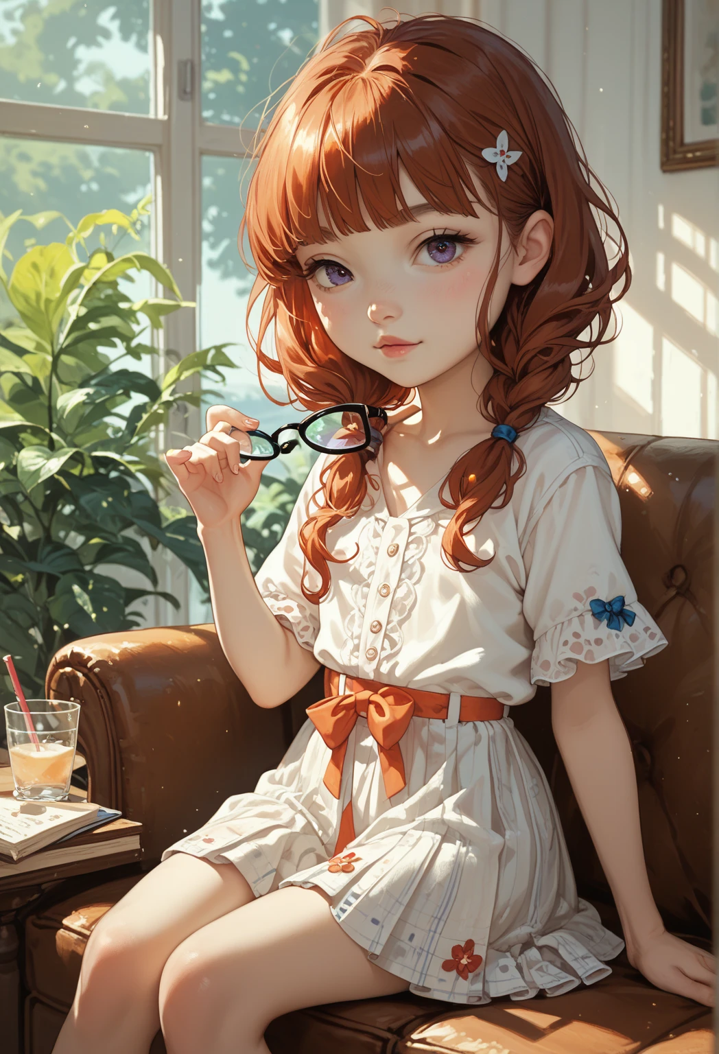beautiful little doll with long red hair, green eyes, light blue clothes, with a book in her hands with the phrase written "the Lord is my shepherd and I shall not want anything."