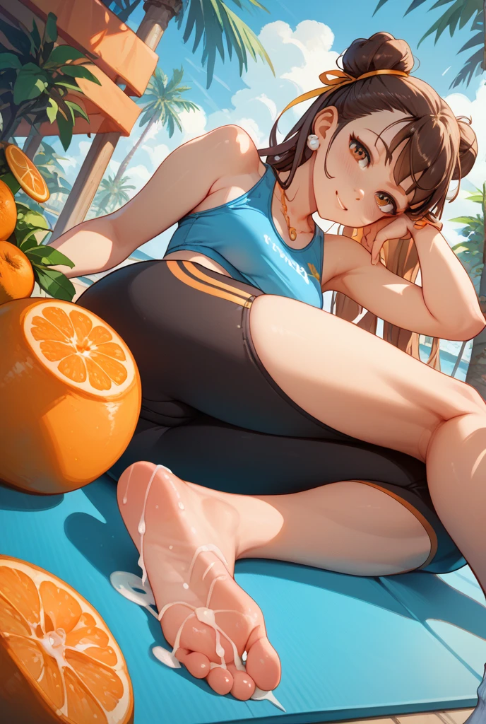 [daisy_SM], [Princess_Daisy], ((solo portrait)), ((front view)), ((High definition)), ((anime)), ((raytracing)), ((detailed shading)), {daisy; (tanned skin, cute blue eyes, short brunette hair, small boobs), (yellow tank top), (orange yoga shorts), (orange and yellow sneakers), (happy smile; long eye lashes, white teeth), (athletic body; defined abs, defined leg muscles, defined arm muscles)}, ((sitting on bench; looking at viewer, waving at viewer), ), [Background; (park daytime; (grass plains, sunny, trees))]